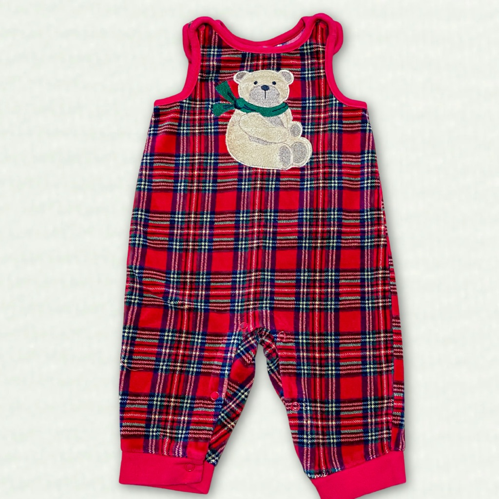 Christmas Plaid Velour Baby Romper With Bear Design